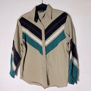 Vintage Spindle River Beige Teal Long Sleeve Button Up Shirt M
